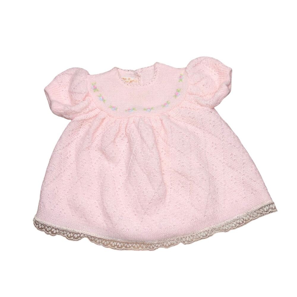 Vintage RENZO Made in ITaly Pink Crochet Knit Baby Newborn Dress